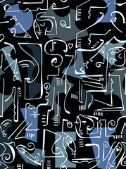 Abstract drawing of women's faces with white lines on a colored background.Seamless pattern.