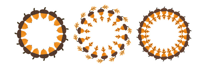 Vector autumn frame for fall. Colorful fall leaves, acorns, cute cartoon squirrel. Clean, bright design. Isolated.