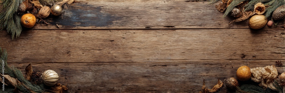 Poster a snowy frame on a wooden texture serves as a winter background, captured from a top view with space