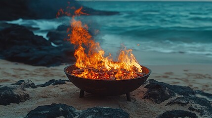 Cauldron flames crackling, thick smoke spreading over a misty morning beach