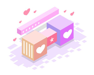 Digital isometric pink heart shaped city scene