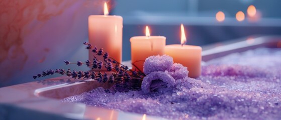 Cozy bathroom with scented candles and lavender, creating an atmosphere of relaxation and comfort, perfect for interior design, spa advertising, self-care blogs.