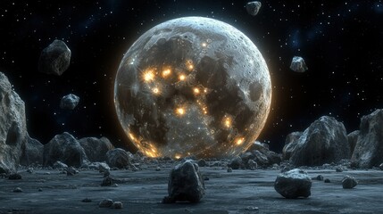 A large moon with glowing lights surrounded by space rocks