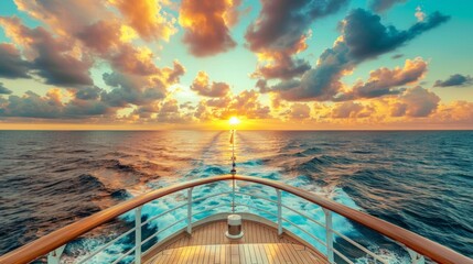 Sunset over the ocean overlooking the deck of a ship, perfect for travel websites, cruise ads, romantic articles and design backgrounds.
