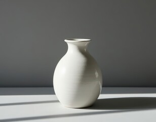 A simple white ceramic vase placed against a smooth grey wall, representing minimal interior design.