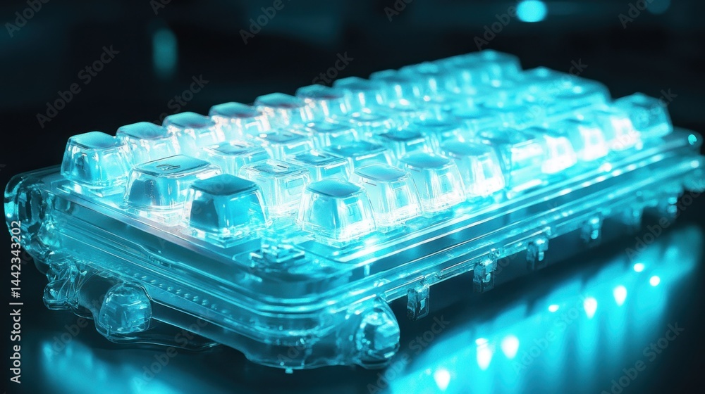 Poster a glowing transparent keyboard with illuminated blue keys is displayed