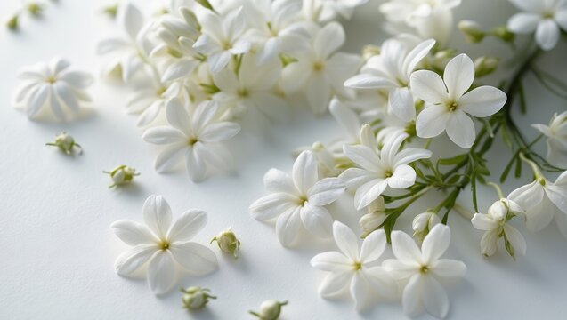 Flower buds of white mogra or Arabian jasmine against a background