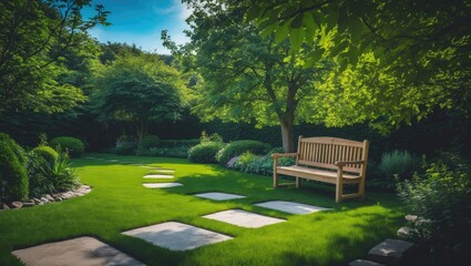 Fototapeta premium Wooden benches placed in the garden setting