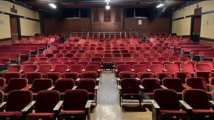 Empty room with red chairs, suitable for themes related to theaters, concerts or cultural events.