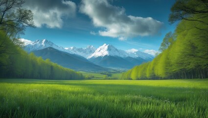 Stunning panoramic outlook of tranquil rolling hills featuring blooming meadows and snow-capped mountain tops in the distance on a beautiful sunny day with blue skies and clouds in the spring season