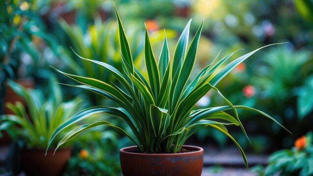 Detailed view of snake plant (Dracaena trifasciata) showing geometric leaf patterns in a pot