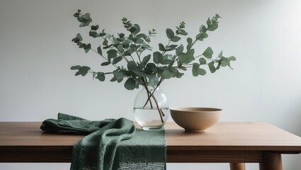Table setting featuring branches in a vase adjacent to a illuminated wall