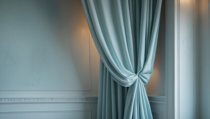 Close-up of decorative features in home renovation. Angular moldings for ceiling skirting. Curtains and walls in the living room.