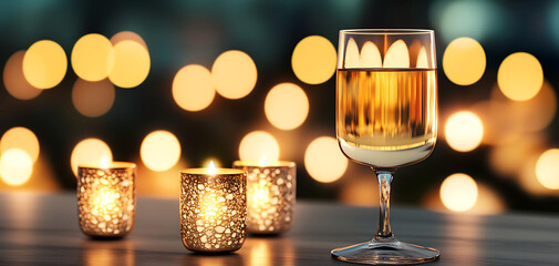Elegant Glass of Golden Beverage Beside Glowing Candles Creating a Cozy Ambiance in an Evening Setting