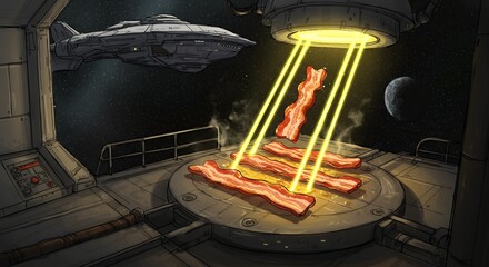 Futuristic cooking illustration with beams of light focused on sizzling bacon and space elements