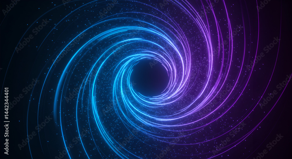 Poster blue and purple light streaks creating a spiral tunnel with sparkling particle dust. abstract digita