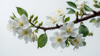Obraz premium Zoomed-in shot of a blossoming apple twig with raindrops