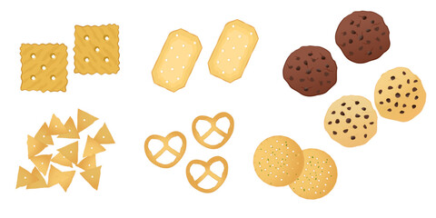 Crackers icons set cartoon vector. Various cookies shape. Snack food.