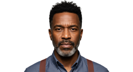 Isolated Portrait of a Serious African American Man with Gray Beard and Suspenders