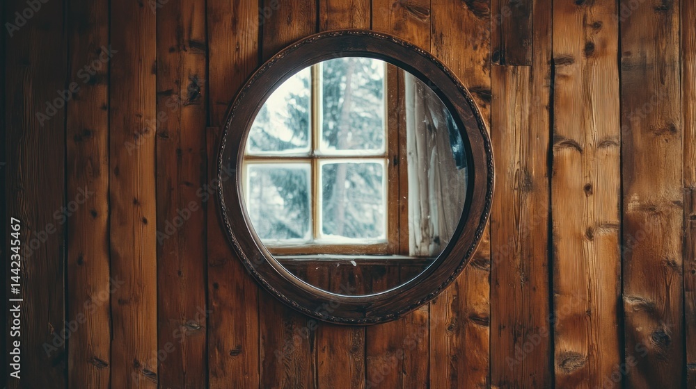 Poster a round mirror reflecting snowy trees seen through a window