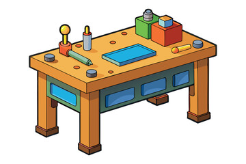 cartoon workbench filled with tools and storage, representing a productive workspace, ideal for work or DIY activities on labour day or labor day