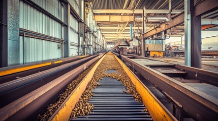 Obraz premium Conveyor belts weaving through a massive industrial plant handling wood chip materials