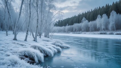 Winter landscape featuring a frozen river and hoarfrost-covered birch and spruce trees at forest edge