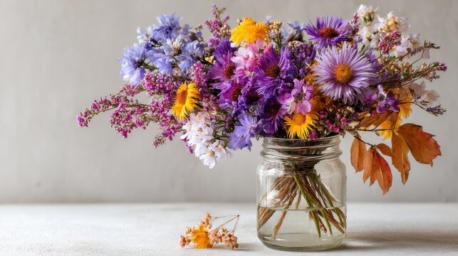 a beautiful bouquet of wildflowers in a mason jar on a white isolated background, fresh and rustic design