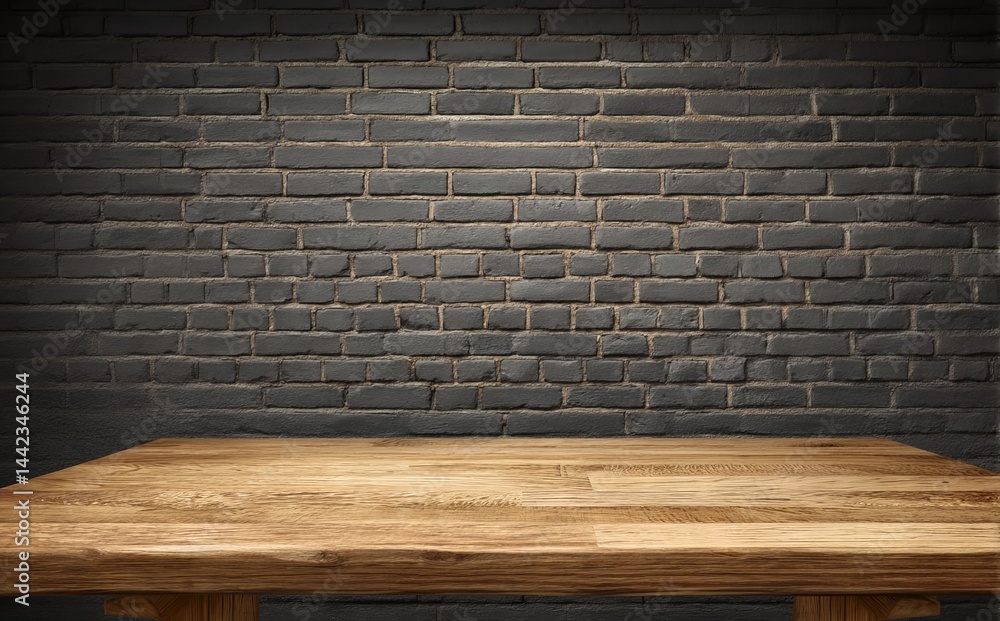 Poster a rustic brick wall serves as the backdrop for a wooden table with a blurred background, where empty