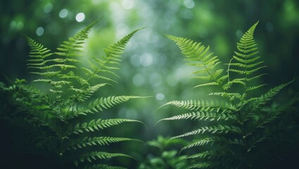 Fern leaves displayed over an abstract green natural setting. pure nature, environmental concept. summer timberland vista. fern - representation of holiday, holy plant. open space. banner