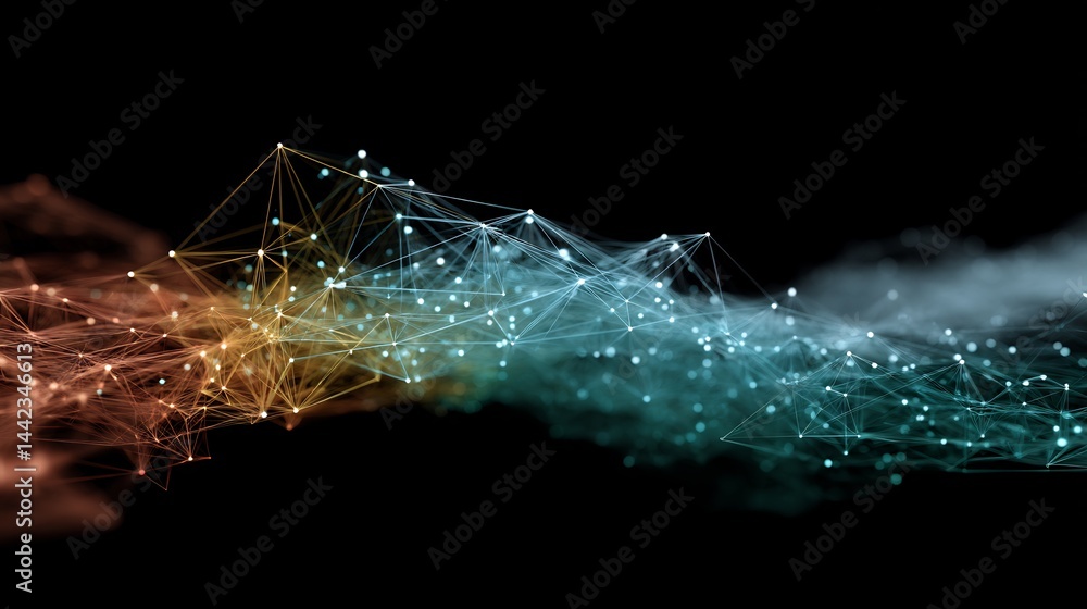 Poster abstract interconnected network with glowing nodes on a dark background