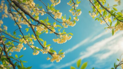 Detailed branches filled with clusters of yellow petals span the sky, illustrating the wealth of the natural environment