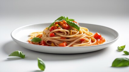 Linguini pasta with tomatoes, basil, and pepper, a traditional Italian dish on a white background