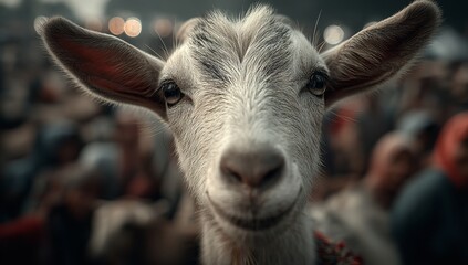 Smiling Goat with Horns at Open-Air Animal Market with People and Farm Animals Like Sheep and Chickens Around, Rural Scene