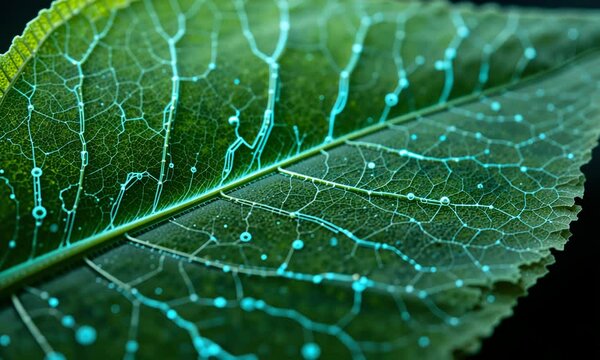 Macro shot of bright green leaf with glowing digital lines representing data flow, concept of technology and nature integration