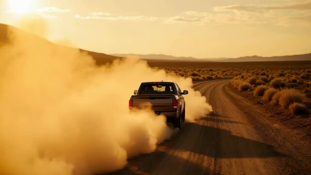 A pickup truck drives along a dusty road, kicking up clouds of dust at sunset, highlighting adventure and freedom.