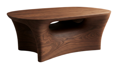 Table basse en bois massif avec design sculptural et organique, détourée sur fond transparent