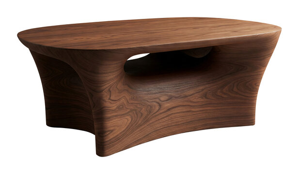 Table basse en bois massif avec design sculptural et organique, d&eacute;tour&eacute;e sur fond transparent