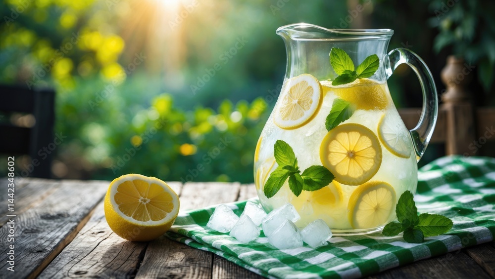 Poster pitcher of lemonade with lemon, mint, and ice placed on a table. view with empty space for copy