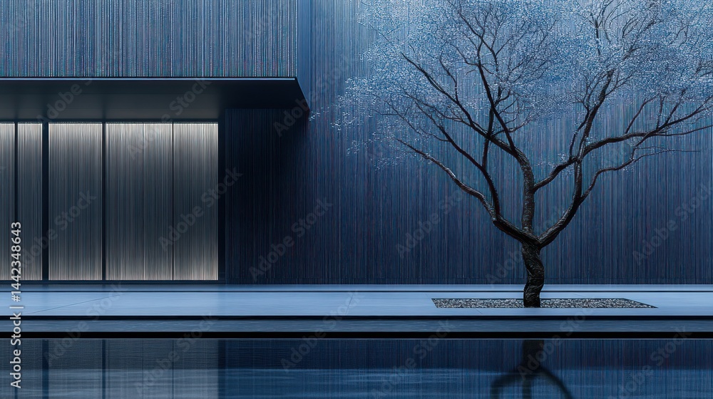 Poster a minimalist architectural design with a single tree and water reflection