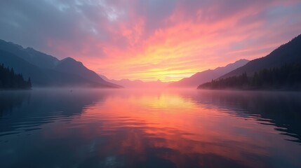 Fototapeta premium Radiant Reflections: The Lake's Morning Serenade
