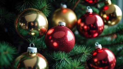 Fototapeta premium Christmas tree ornaments and hanging baubles