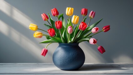 Fresh spring tulips in yellow and pink arranged in a blue vase on black wooden table against gray background, perfect for greeting banner mockup with copy space