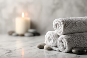 A beautiful composition of spa stones is displayed on a white marble table
