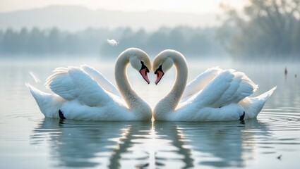 Two graceful white Swans swimming in a lake, set against a white background. Mating behavior of a pair of white swans. Swans on the water with a plain backdrop.