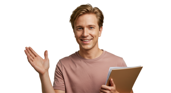 Isolated Smiling Man Presenting with Document