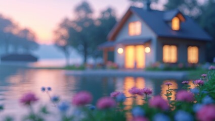 Serene lakeside dusk scene showing a cozy illuminated cabin surrounded by flowers and calm water with a blurred background