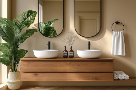 Salle de bain design avec double vasque moderne et meuble en bois clair, ambiance naturelle lumineuse et d&eacute;coration v&eacute;g&eacute;tale