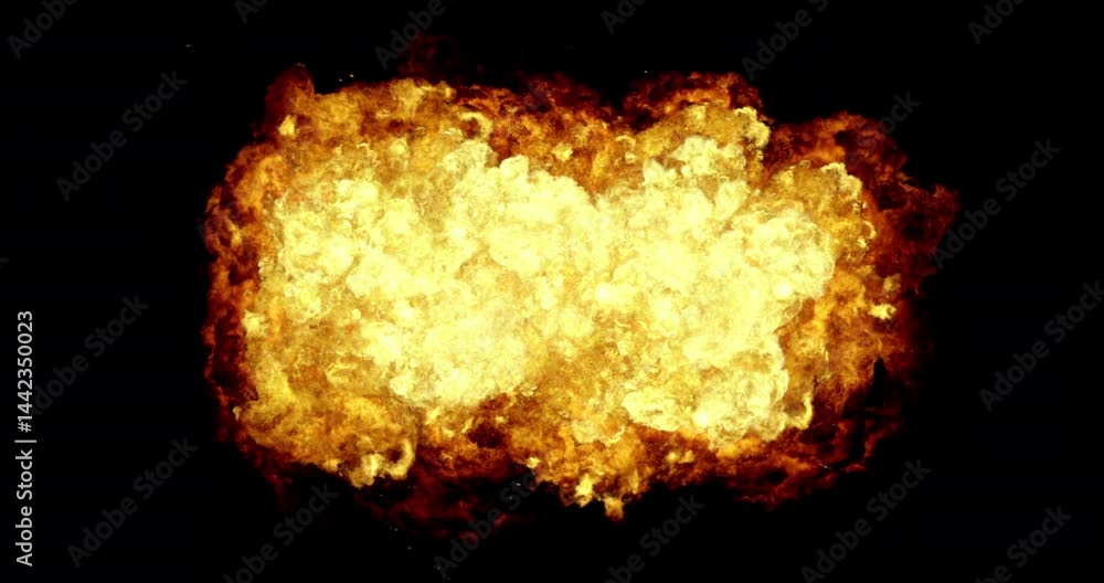 Poster high speed fireball explosion towards to camera isolated on black background.