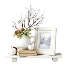 A winter inspired arrangement on a white shelf provides cozy home decor.